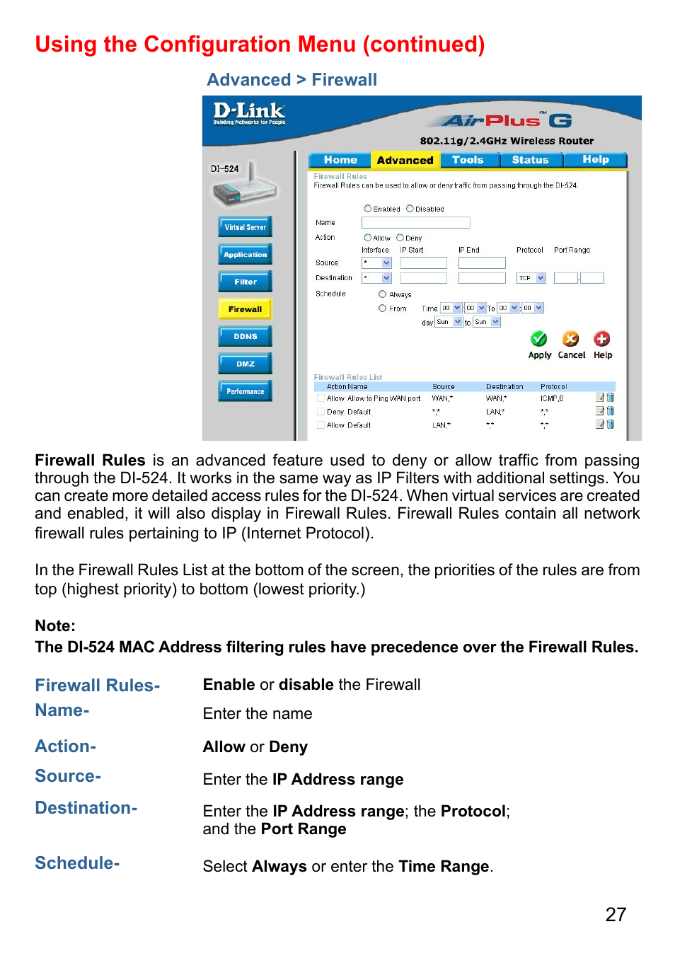 Using the conﬁguration menu (continued) | D-Link AirPlus G DI-524 User Manual | Page 27 / 92
