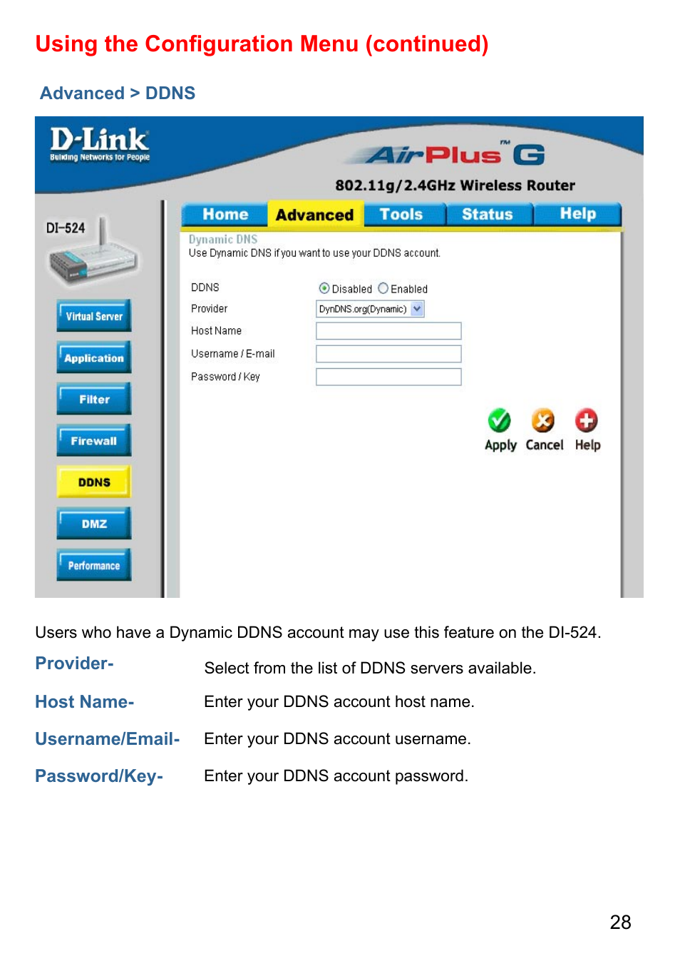 Using the conﬁguration menu (continued) | D-Link AirPlus G DI-524 User Manual | Page 28 / 92