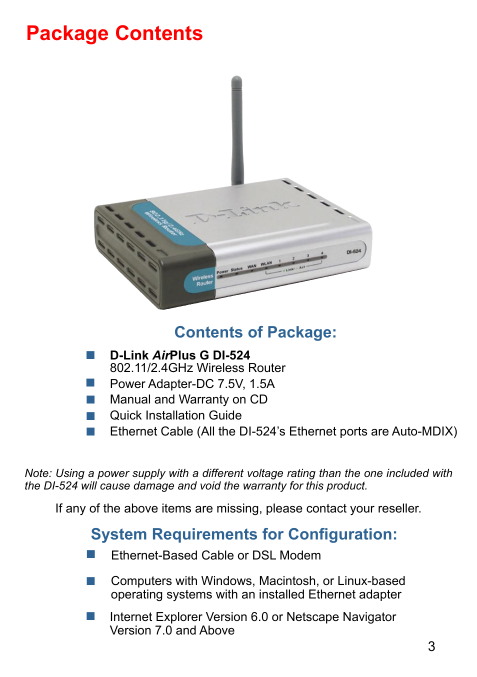 Package contents, Contents of package, System requirements for conﬁguration | D-Link AirPlus G DI-524 User Manual | Page 3 / 92