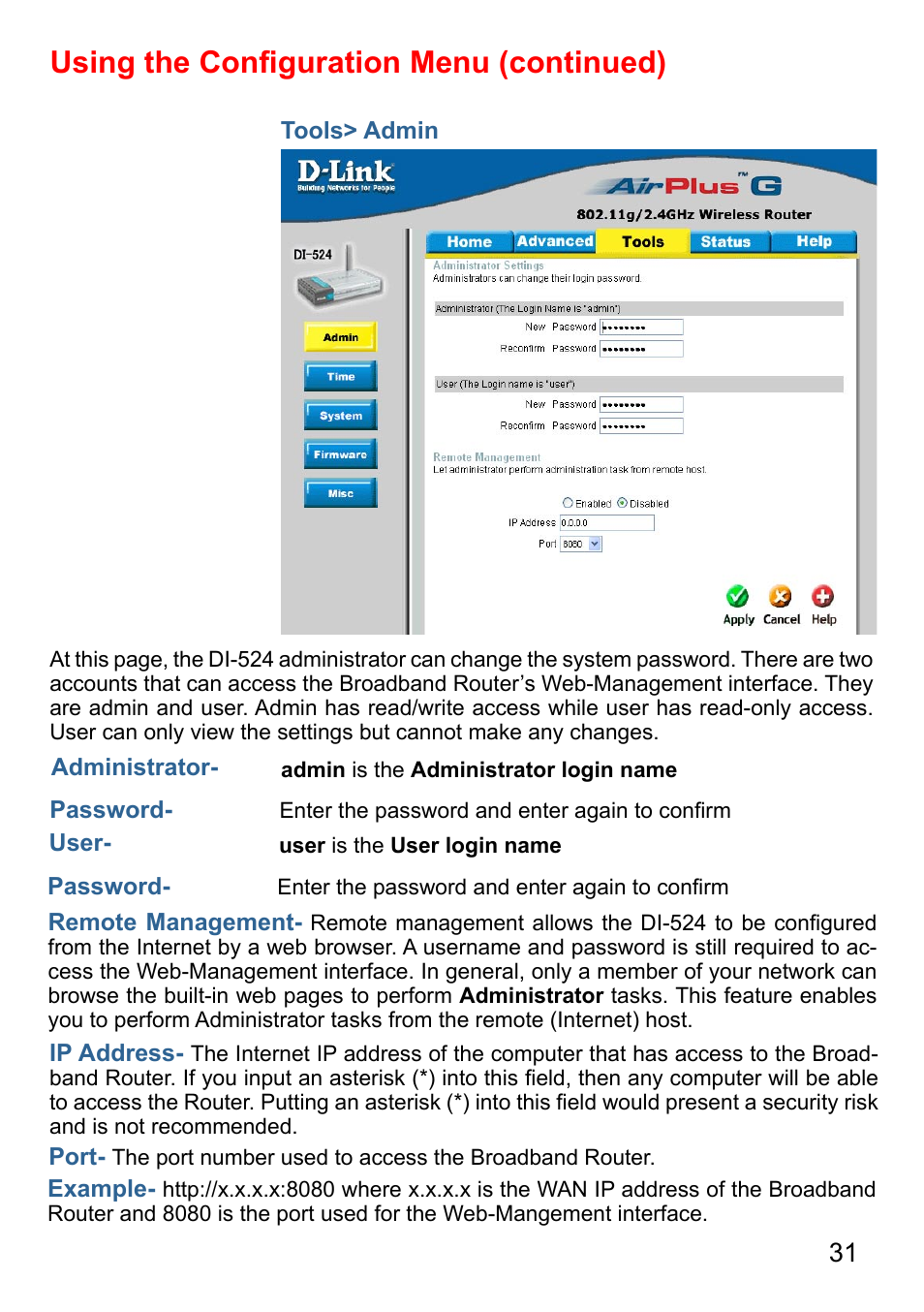 Using the conﬁguration menu (continued) | D-Link AirPlus G DI-524 User Manual | Page 31 / 92