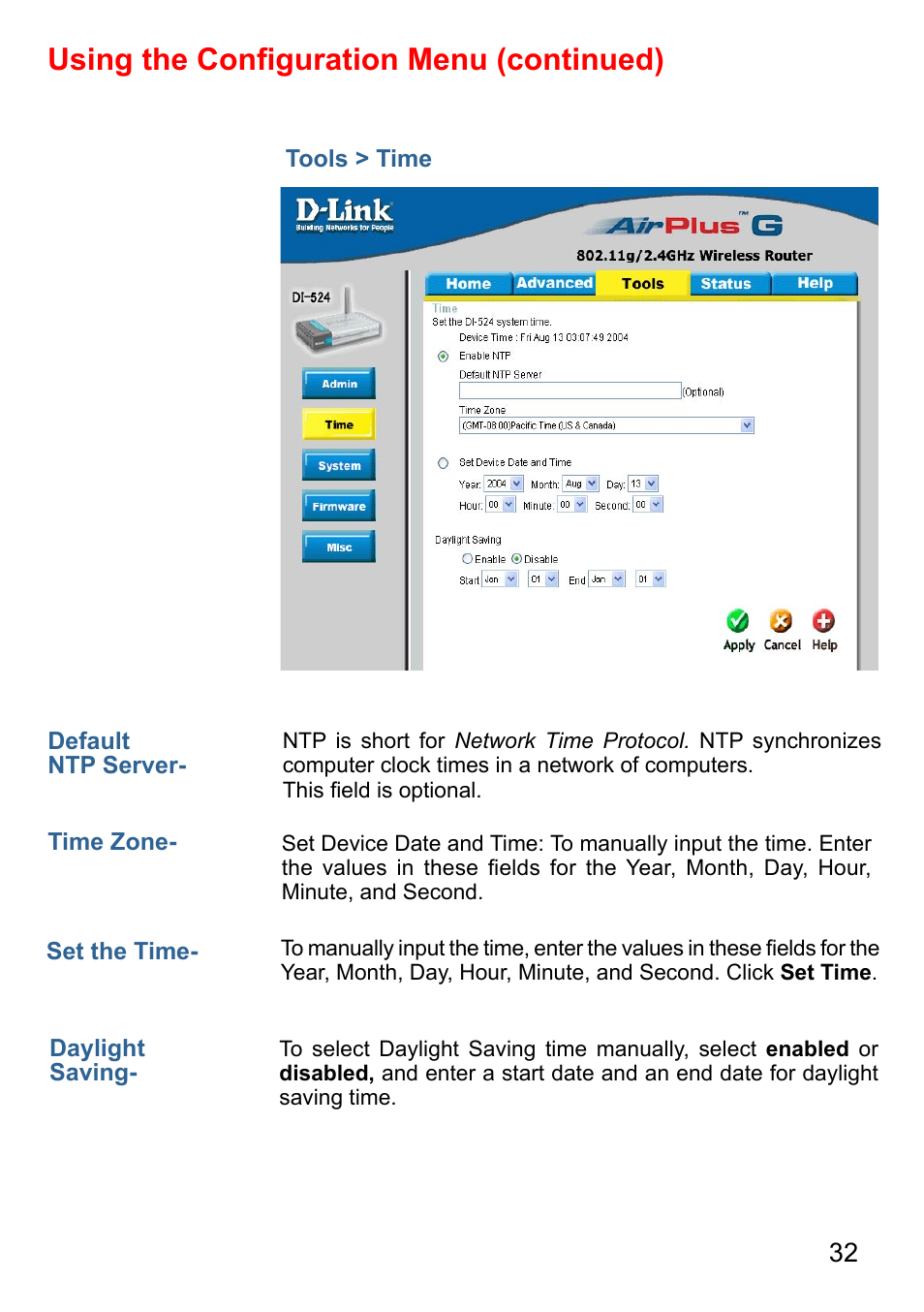 Using the conﬁguration menu (continued) | D-Link AirPlus G DI-524 User Manual | Page 32 / 92