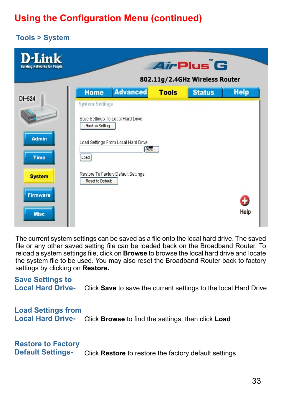 Using the conﬁguration menu (continued) | D-Link AirPlus G DI-524 User Manual | Page 33 / 92