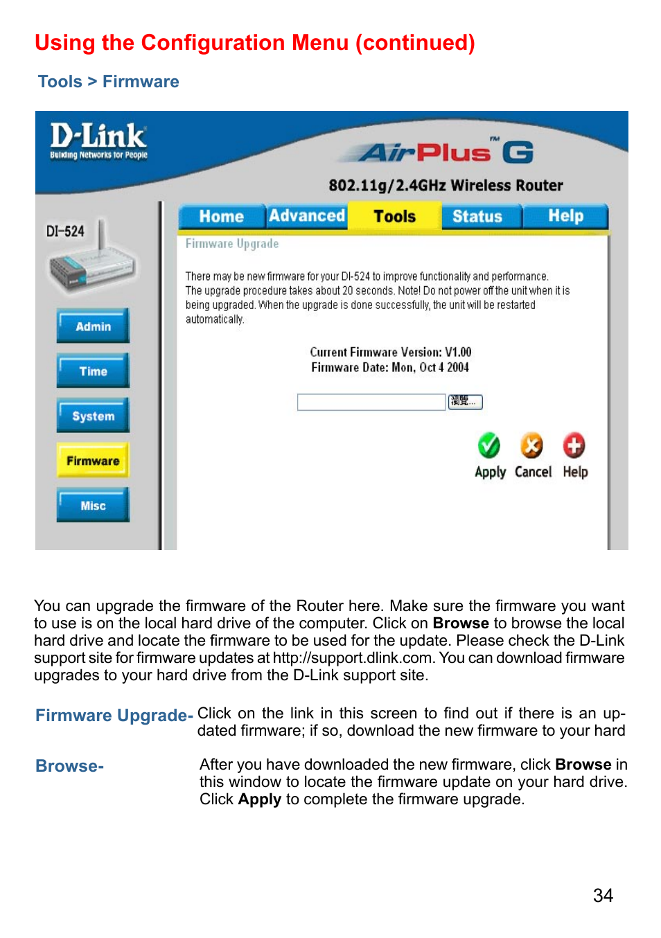 Using the conﬁguration menu (continued) | D-Link AirPlus G DI-524 User Manual | Page 34 / 92