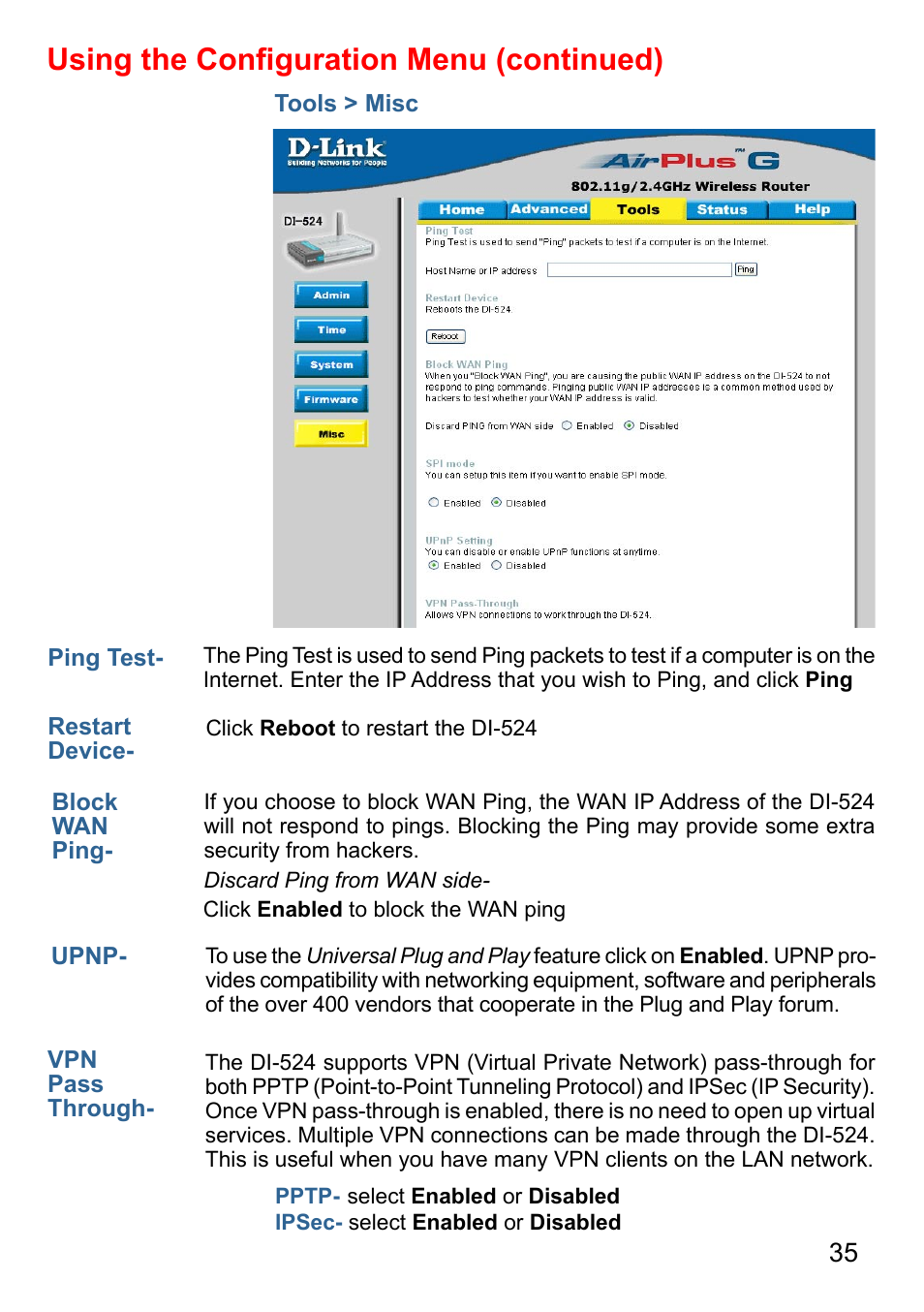 Using the conﬁguration menu (continued) | D-Link AirPlus G DI-524 User Manual | Page 35 / 92