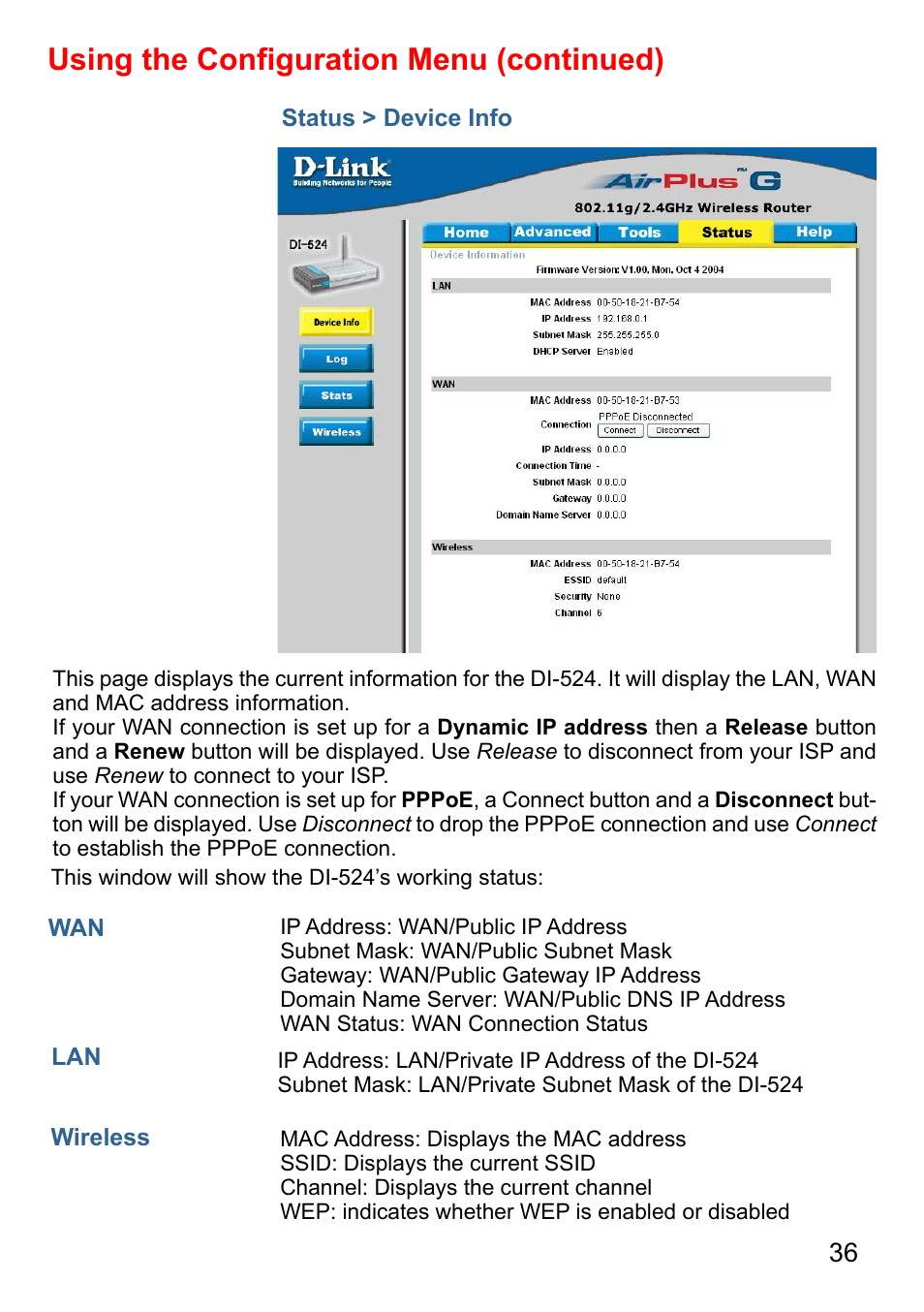 Using the conﬁguration menu (continued) | D-Link AirPlus G DI-524 User Manual | Page 36 / 92