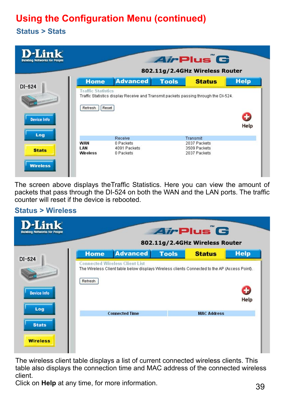 Using the conﬁguration menu (continued) | D-Link AirPlus G DI-524 User Manual | Page 39 / 92