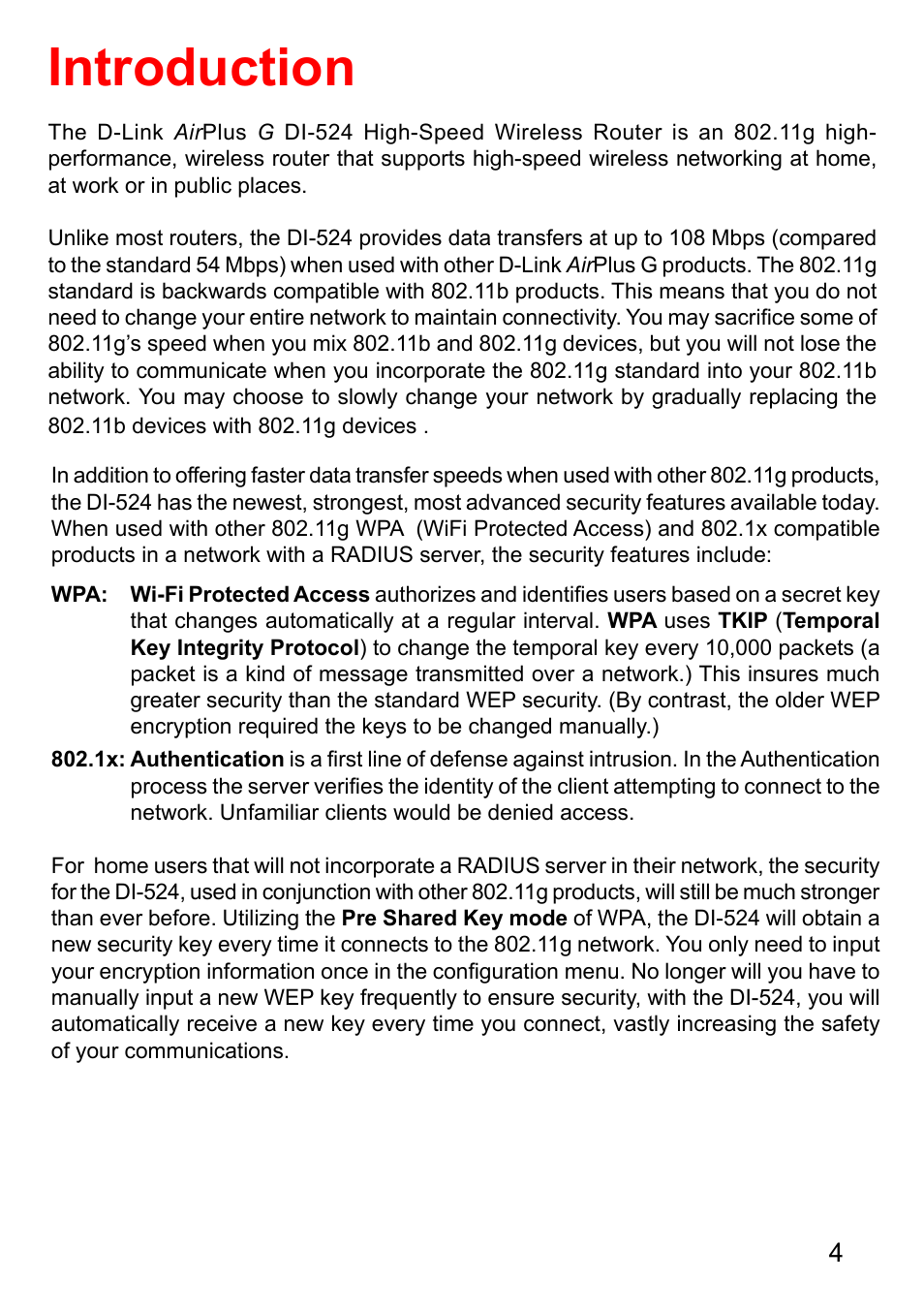 Introduction | D-Link AirPlus G DI-524 User Manual | Page 4 / 92