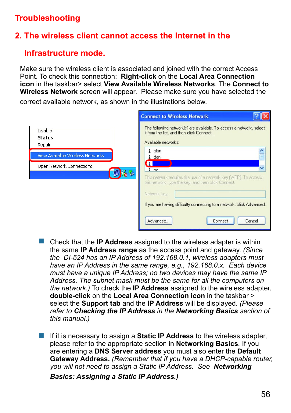 Troubleshooting | D-Link AirPlus G DI-524 User Manual | Page 56 / 92