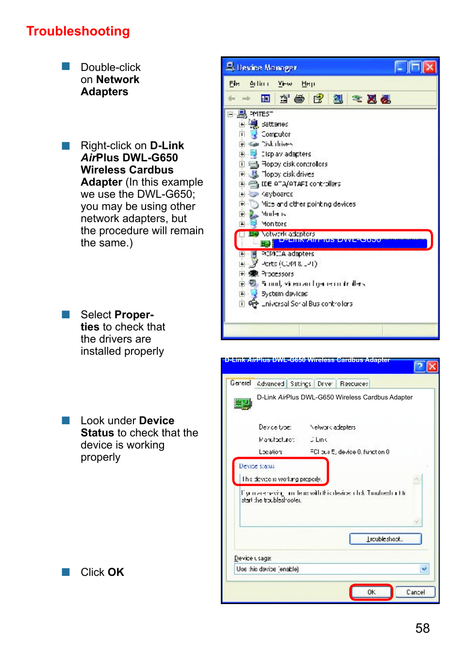 58 troubleshooting | D-Link AirPlus G DI-524 User Manual | Page 58 / 92