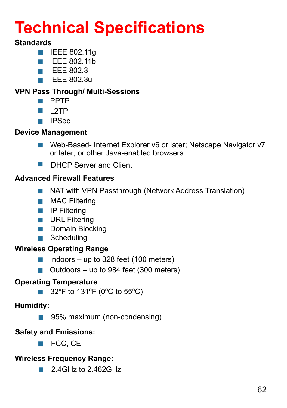 Technical speciﬁcations | D-Link AirPlus G DI-524 User Manual | Page 62 / 92