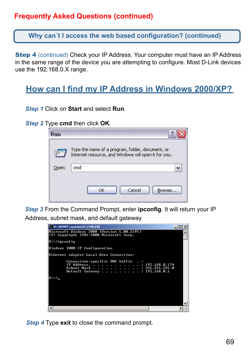 How can i ﬁnd my ip address in windows 2000/xp, 69 frequently asked questions (continued) | D-Link AirPlus G DI-524 User Manual | Page 69 / 92