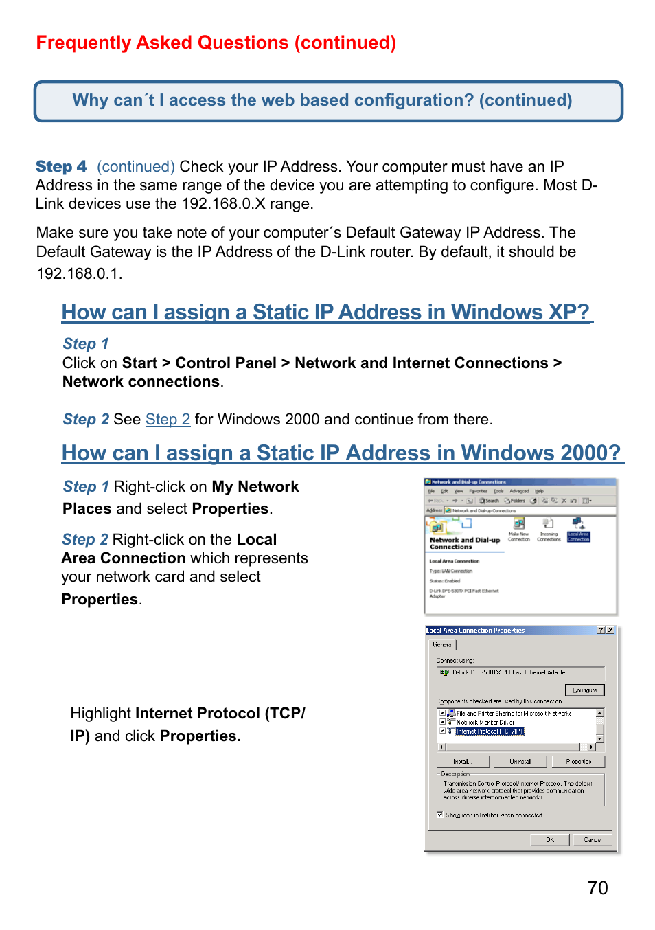 How can i assign a static ip address in windows xp, 70 frequently asked questions (continued) | D-Link AirPlus G DI-524 User Manual | Page 70 / 92