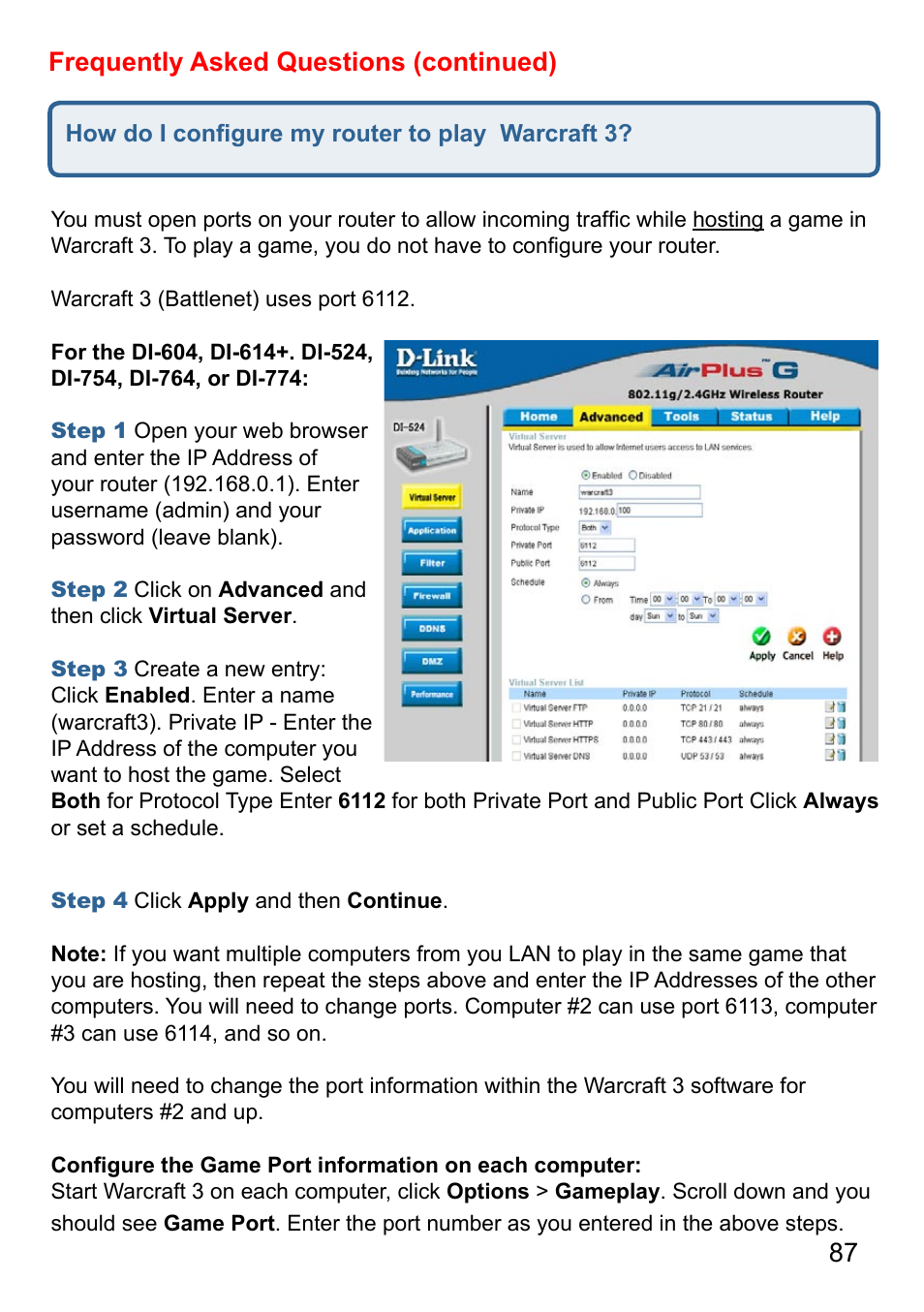 87 frequently asked questions (continued) | D-Link AirPlus G DI-524 User Manual | Page 87 / 92