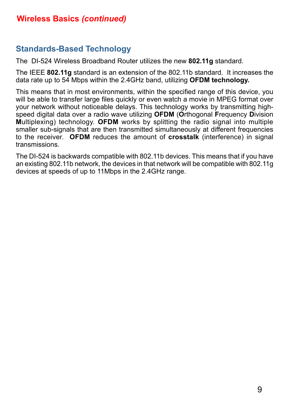 9standards-based technology, Wireless basics (continued) | D-Link AirPlus G DI-524 User Manual | Page 9 / 92