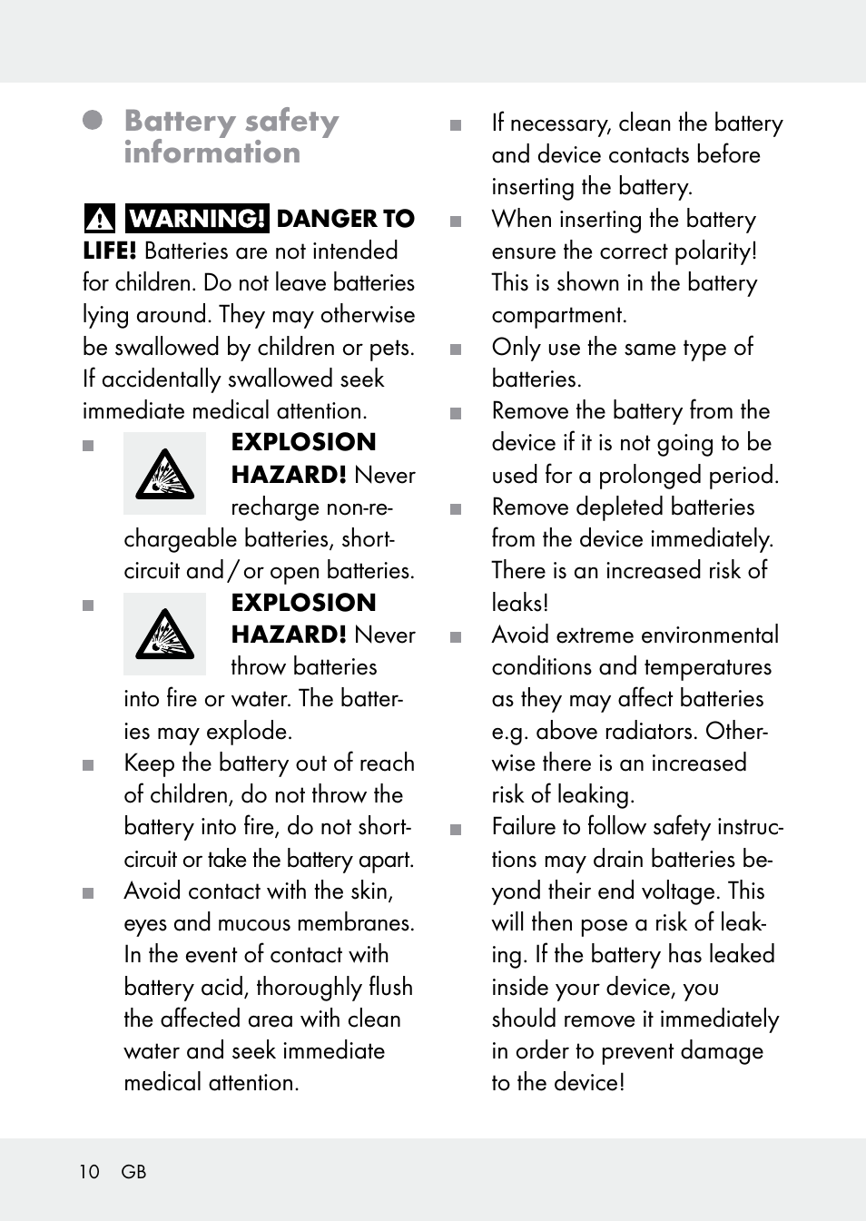 Battery safety information | Livarno Z31228 User Manual | Page 10 / 46