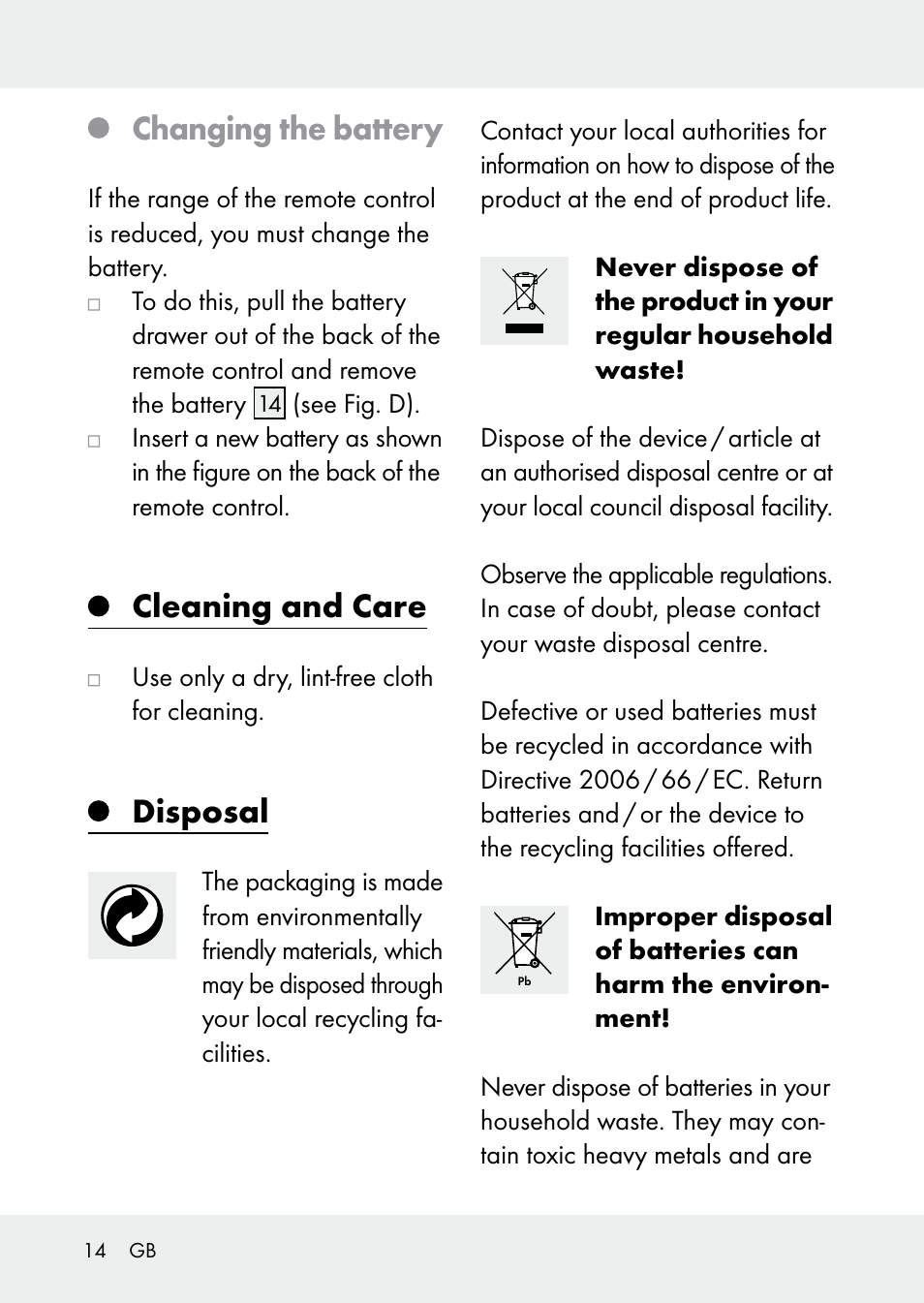 Changing the battery, Cleaning and care, Disposal | Livarno Z31228 User Manual | Page 14 / 46