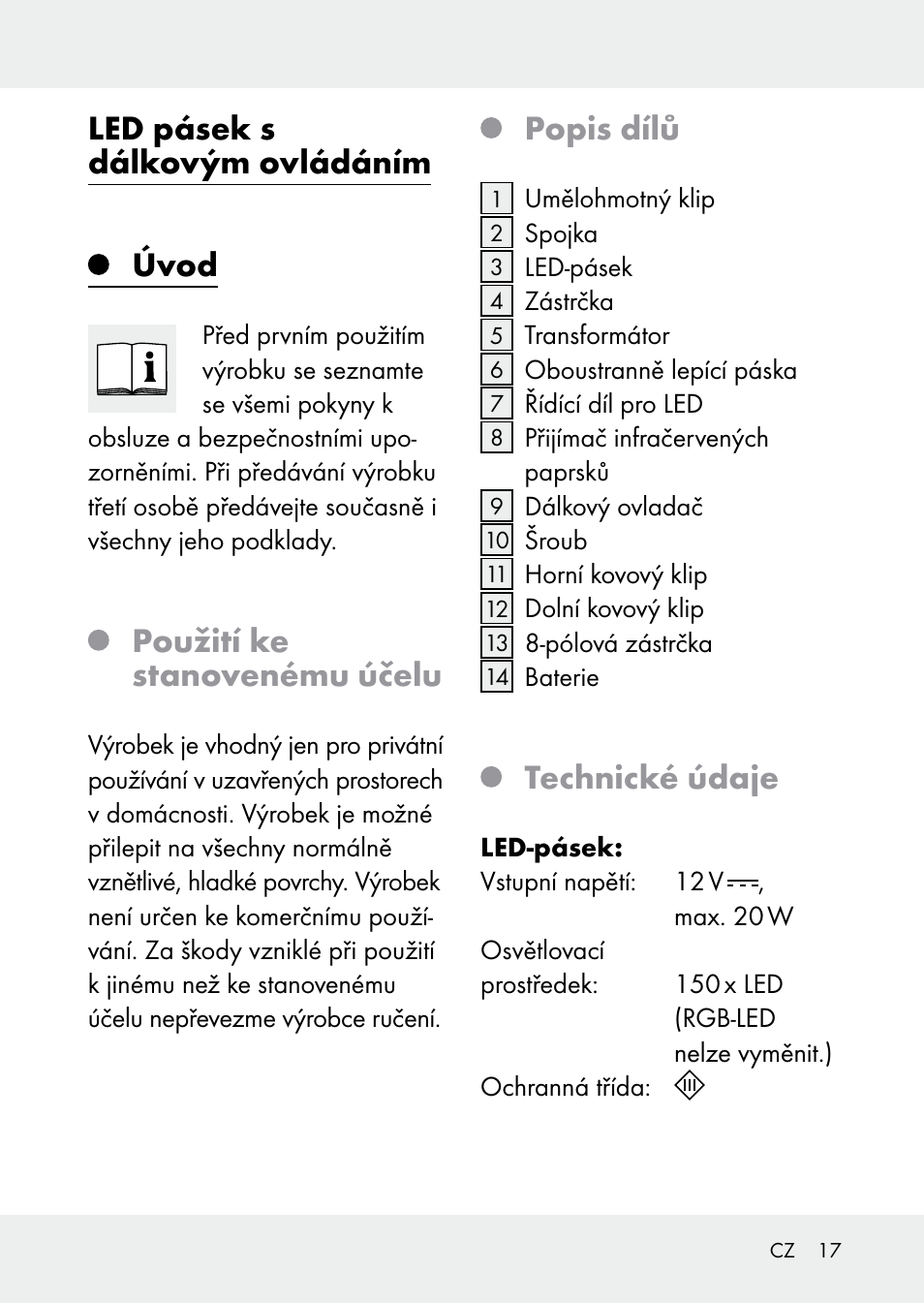 Led pásek s dálkovým ovládáním, Úvod, Použití ke stanovenému účelu | Popis dílů, Technické údaje | Livarno Z31228 User Manual | Page 17 / 46