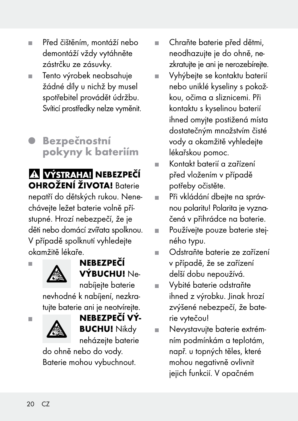 Bezpečnostní pokyny k bateriím | Livarno Z31228 User Manual | Page 20 / 46