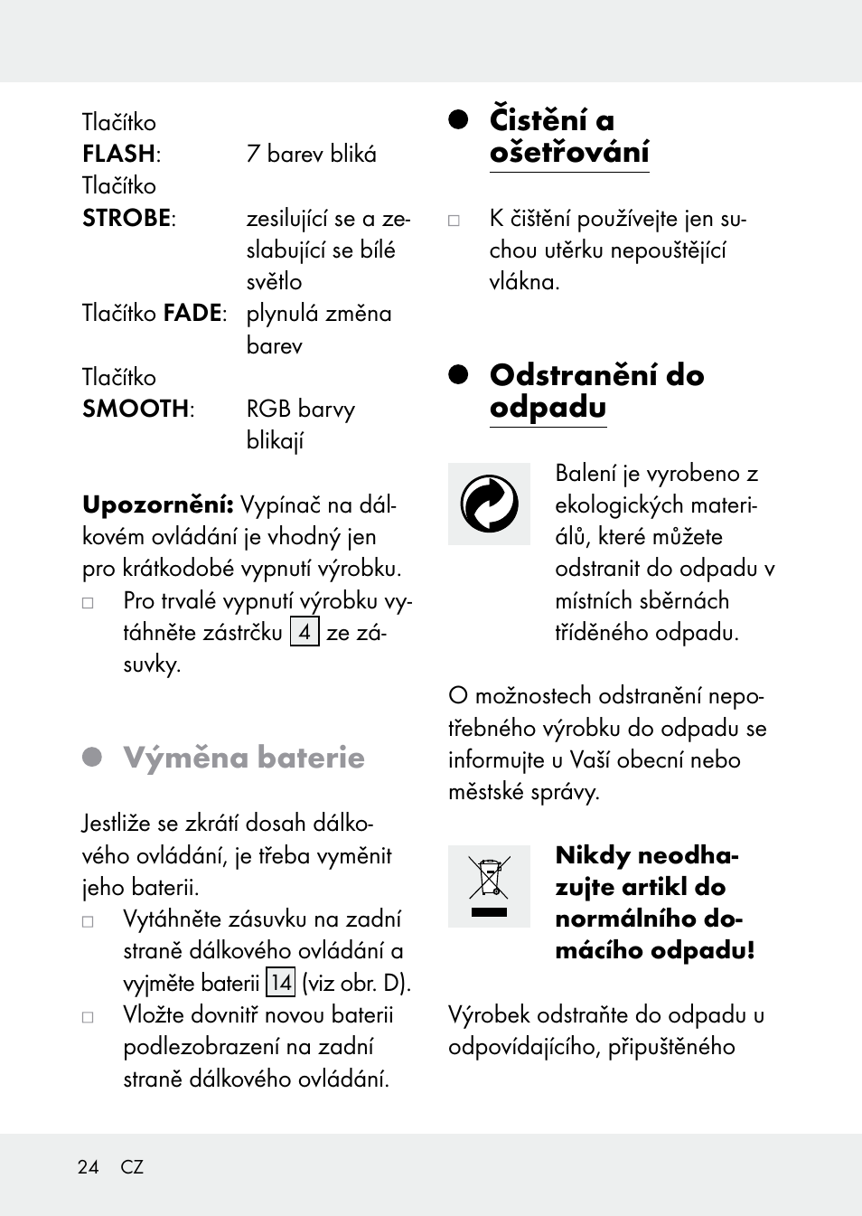 Výměna baterie, Čistění a ošetřování, Odstranění do odpadu | Livarno Z31228 User Manual | Page 24 / 46