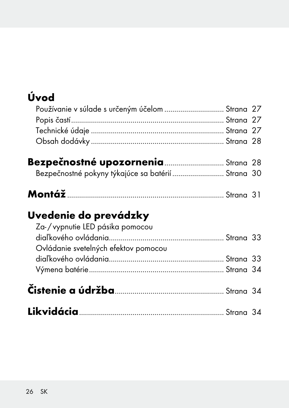 Úvod, Bezpečnostné upozornenia, Montáž | Uvedenie do prevádzky, Čistenie a údržba, Likvidácia | Livarno Z31228 User Manual | Page 26 / 46