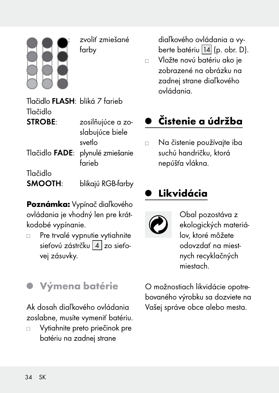 Výmena batérie, Čistenie a údržba, Likvidácia | Livarno Z31228 User Manual | Page 34 / 46