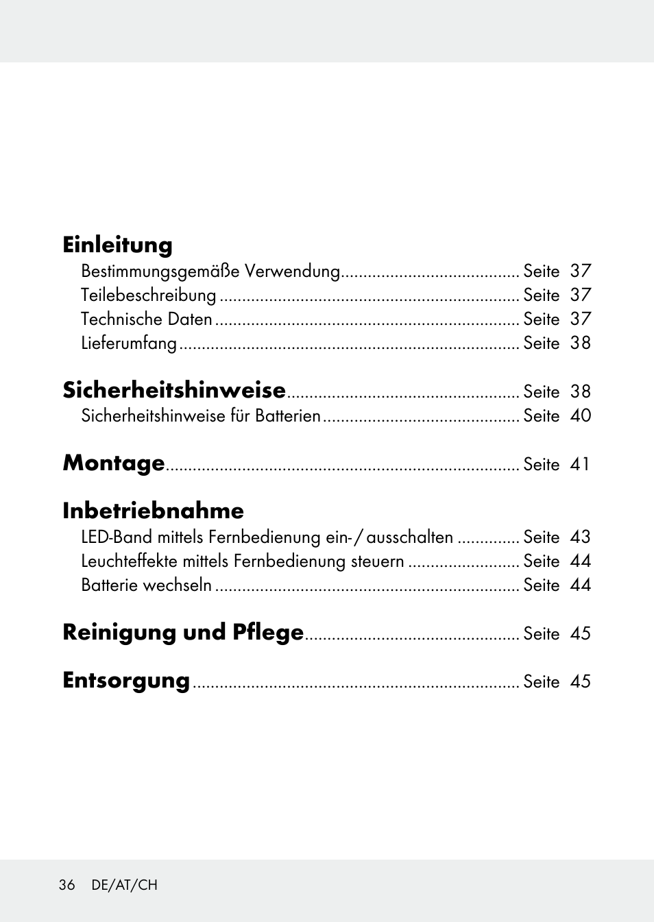 Einleitung, Sicherheits hinweise, Montage | Inbetriebnahme, Reinigung und pflege, Entsorgung | Livarno Z31228 User Manual | Page 36 / 46