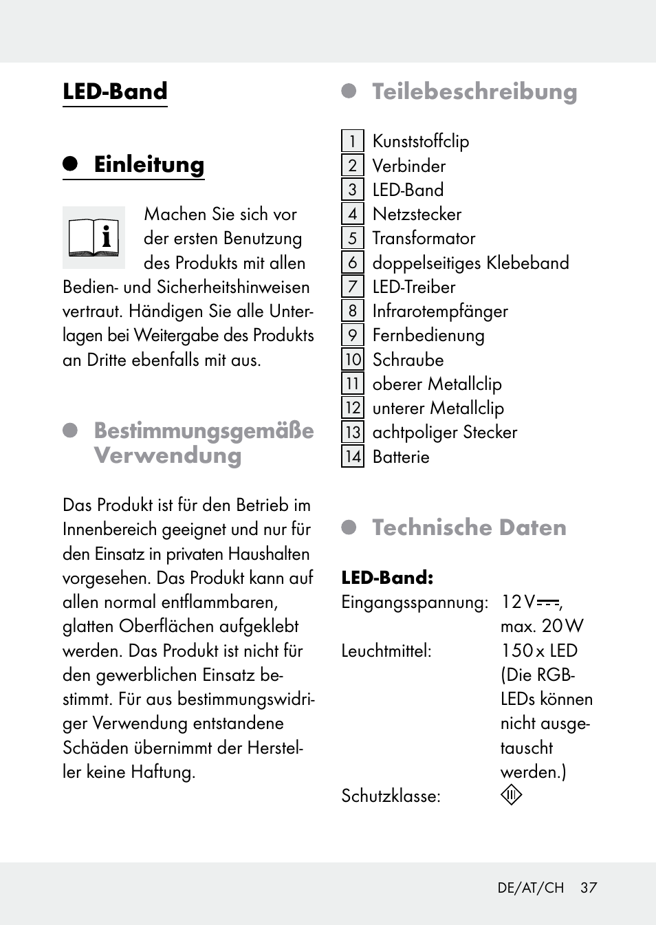 Led-band, Einleitung, Bestimmungsgemäße verwendung | Teilebeschreibung, Technische daten | Livarno Z31228 User Manual | Page 37 / 46