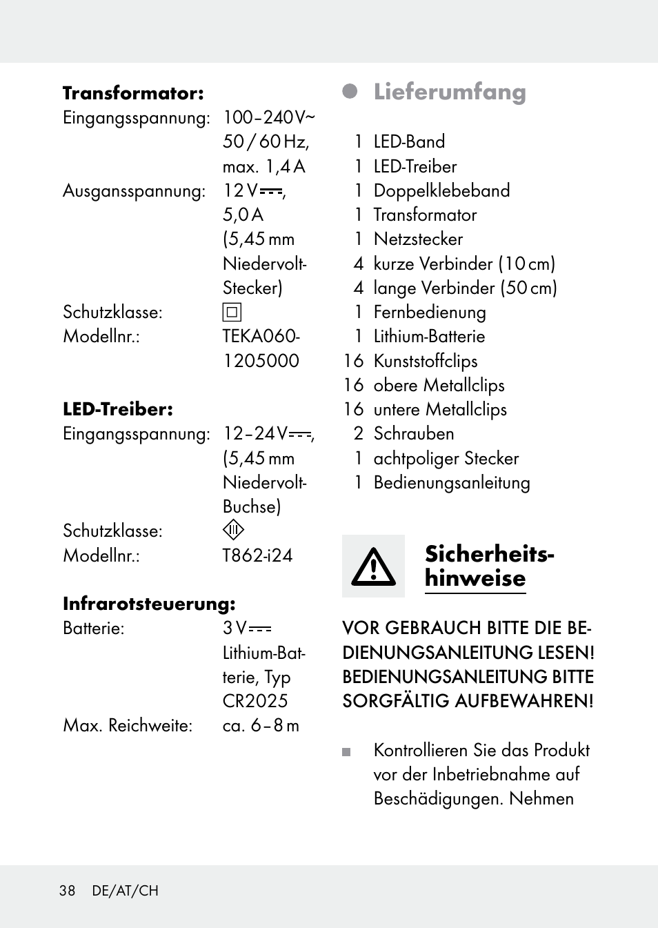 Lieferumfang, Sicherheits- hinweise | Livarno Z31228 User Manual | Page 38 / 46