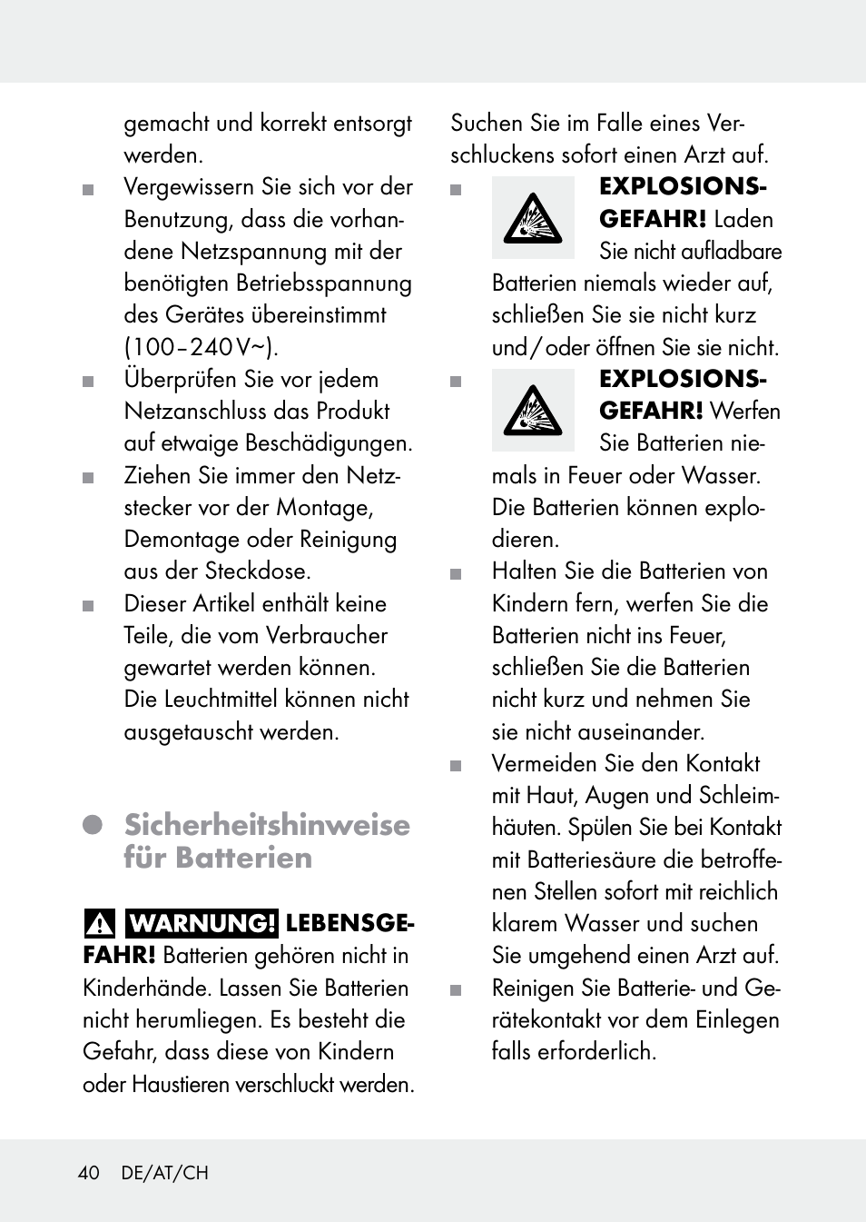 Sicherheitshinweise für batterien | Livarno Z31228 User Manual | Page 40 / 46