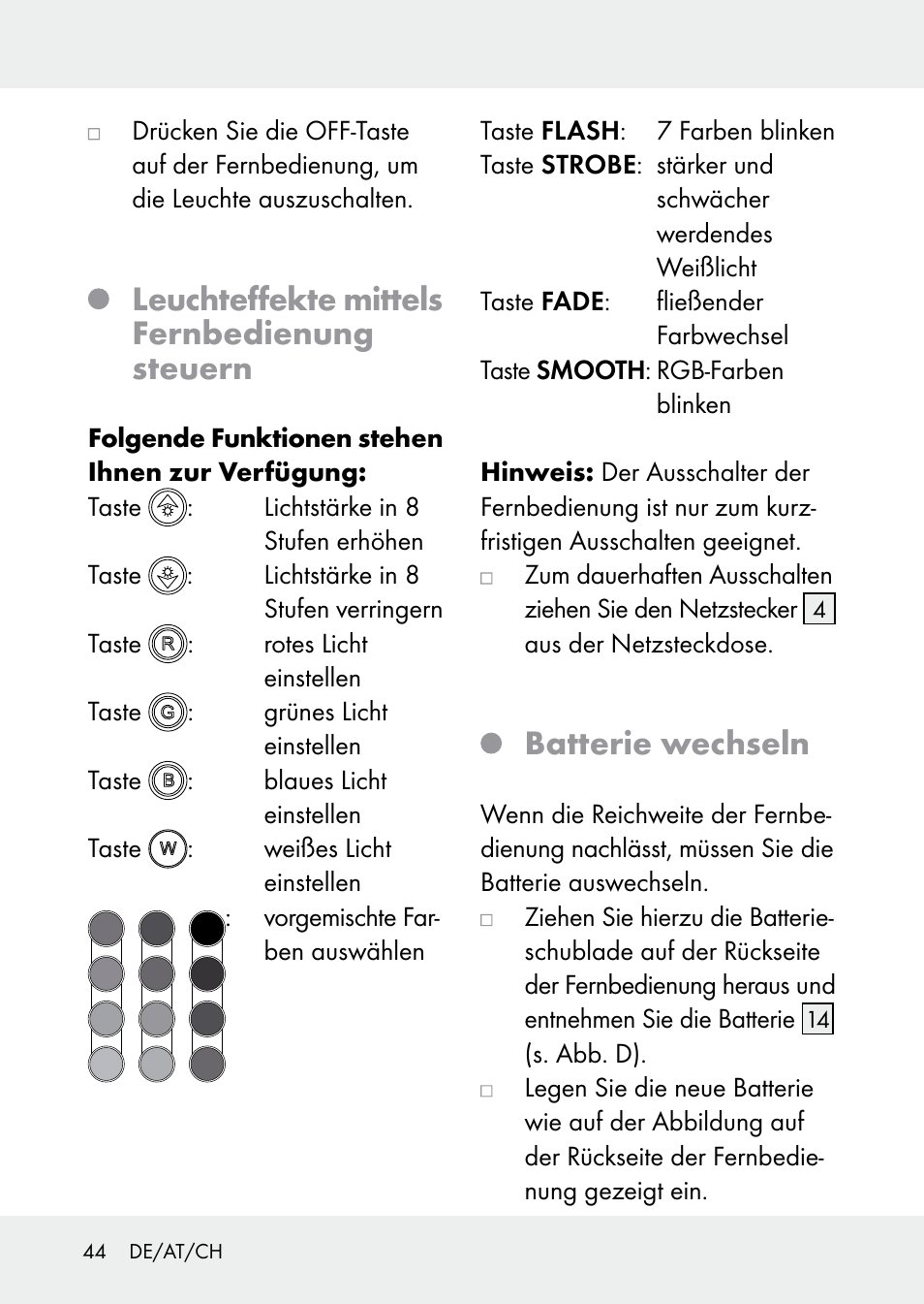 Leuchteffekte mittels fernbedienung steuern, Batterie wechseln | Livarno Z31228 User Manual | Page 44 / 46