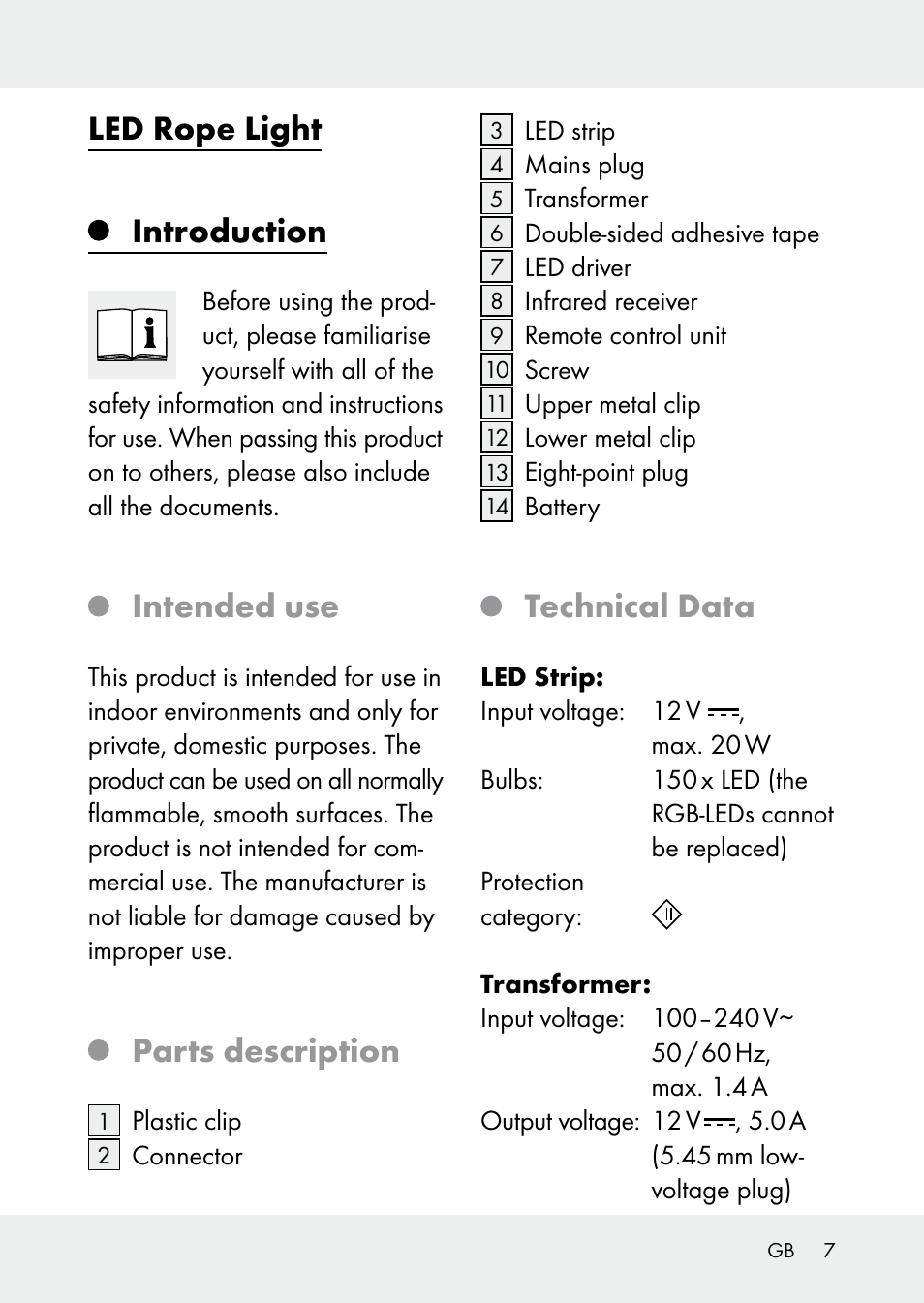 Led rope light introduction, Intended use, Parts description | Technical data | Livarno Z31228 User Manual | Page 7 / 46