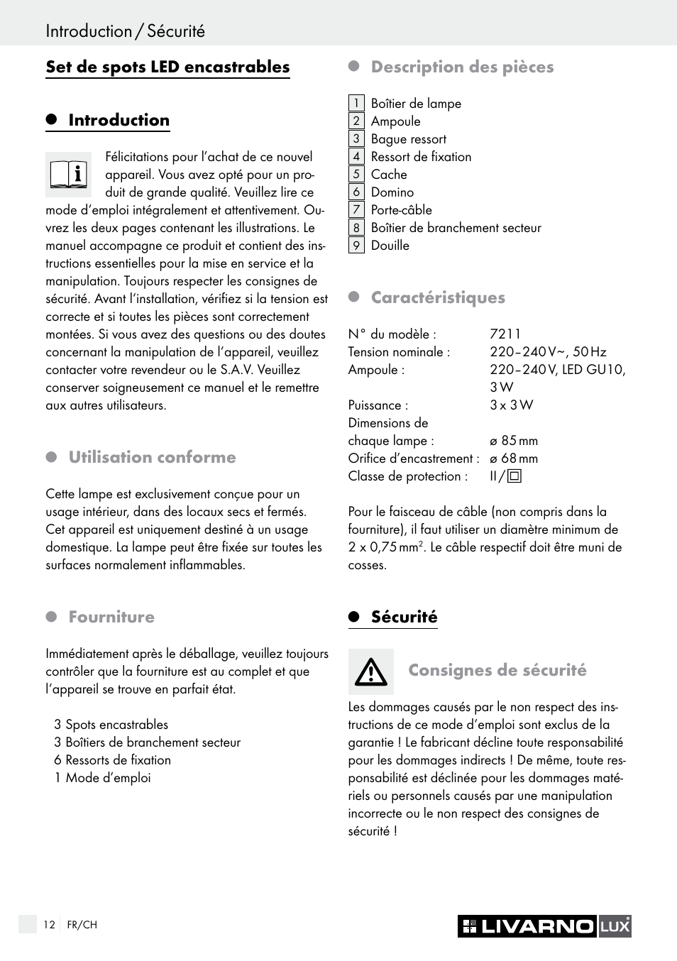 Introduction / sécurité, Set de spots led encastrables, Introduction | Utilisation conforme, Fourniture, Description des pièces, Caractéristiques, Sécurité consignes de sécurité | Livarno 7211 User Manual | Page 12 / 35