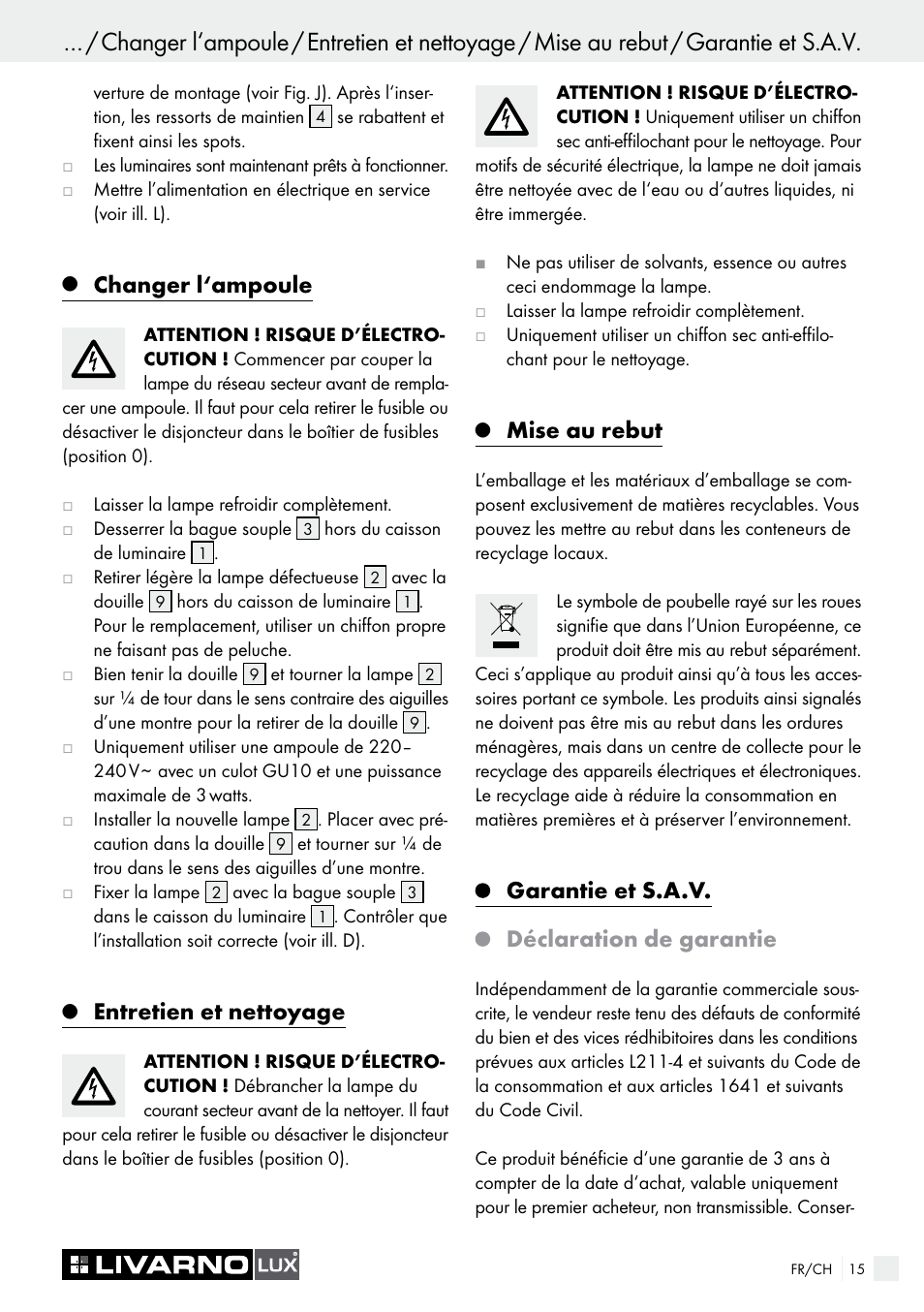 Changer l‘ampoule, Entretien et nettoyage, Mise au rebut | Garantie et s.a.v. déclaration de garantie | Livarno 7211 User Manual | Page 15 / 35