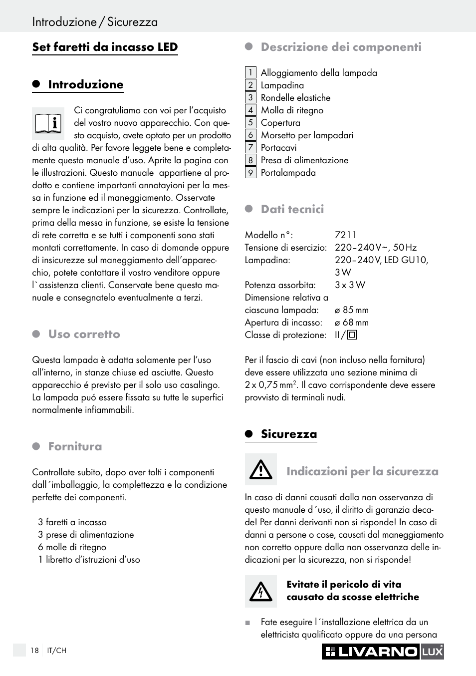 Introduzione / sicurezza, Set faretti da incasso led, Introduzione | Uso corretto, Fornitura, Descrizione dei componenti, Dati tecnici, Sicurezza indicazioni per la sicurezza | Livarno 7211 User Manual | Page 18 / 35