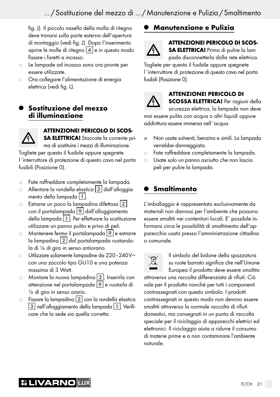 Sostituzione del mezzo di illuminazione, Manutenzione e pulizia, Smaltimento | Livarno 7211 User Manual | Page 21 / 35