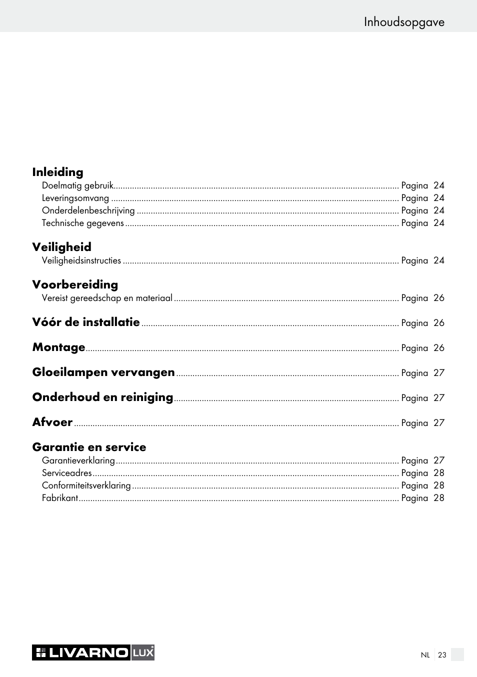 Inhoudsopgave | Livarno 7211 User Manual | Page 23 / 35