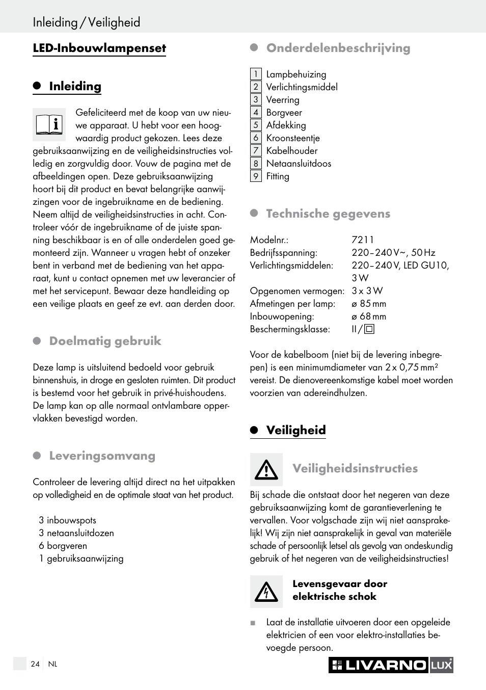 Inleiding / veiligheid, Led-inbouwlampenset, Inleiding | Doelmatig gebruik, Leveringsomvang, Onderdelenbeschrijving, Technische gegevens, Veiligheid veiligheidsinstructies | Livarno 7211 User Manual | Page 24 / 35