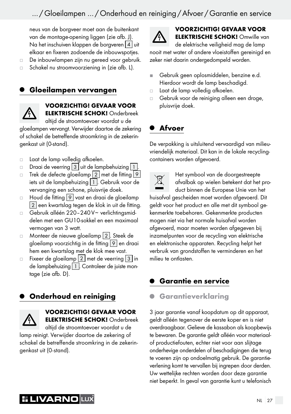 Gloeilampen vervangen, Onderhoud en reiniging, Afvoer | Garantie en service garantieverklaring | Livarno 7211 User Manual | Page 27 / 35