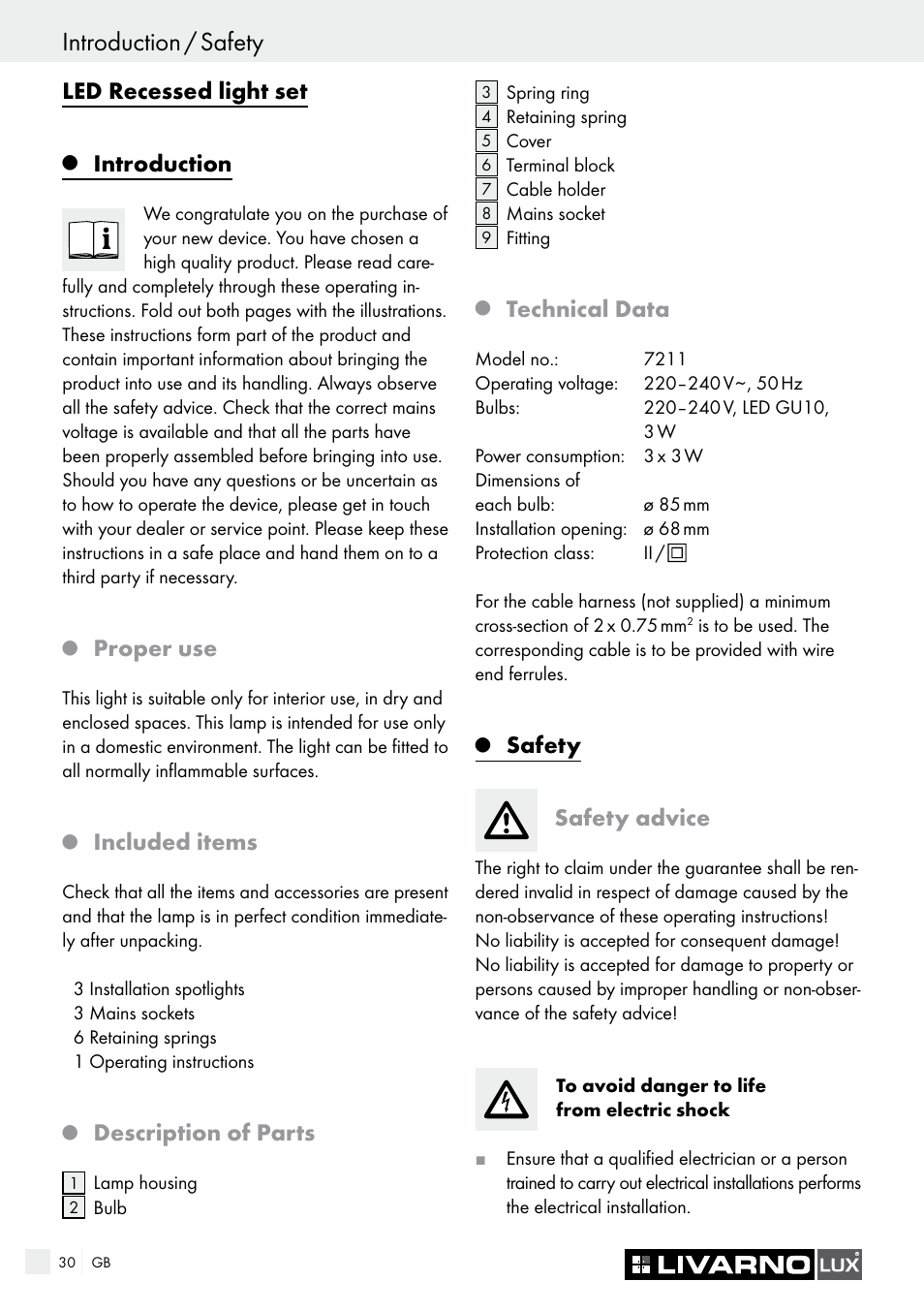 Introduction / safety, Led recessed light set, Introduction | Proper use, Included items, Description of parts, Technical data, Safety safety advice | Livarno 7211 User Manual | Page 30 / 35