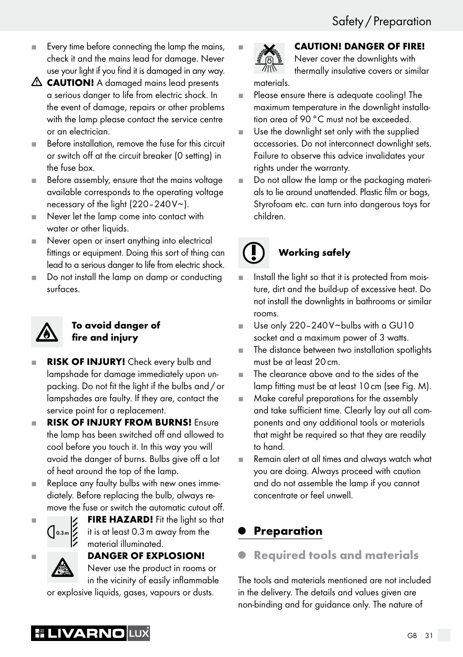 Safety / preparation, Preparation, Required tools and materials | Livarno 7211 User Manual | Page 31 / 35