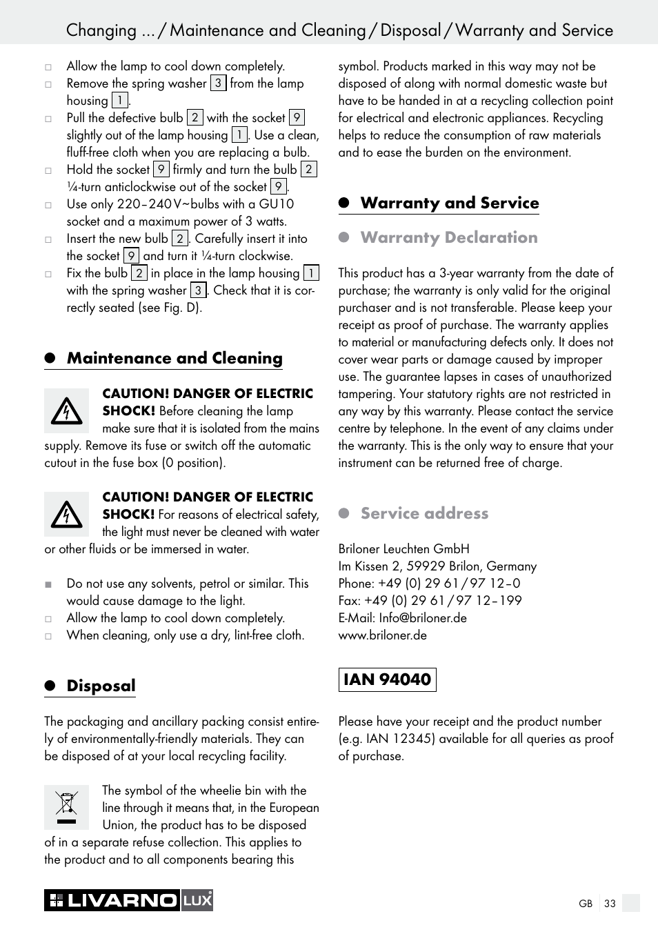 Maintenance and cleaning, Disposal, Warranty and service warranty declaration | Service address | Livarno 7211 User Manual | Page 33 / 35