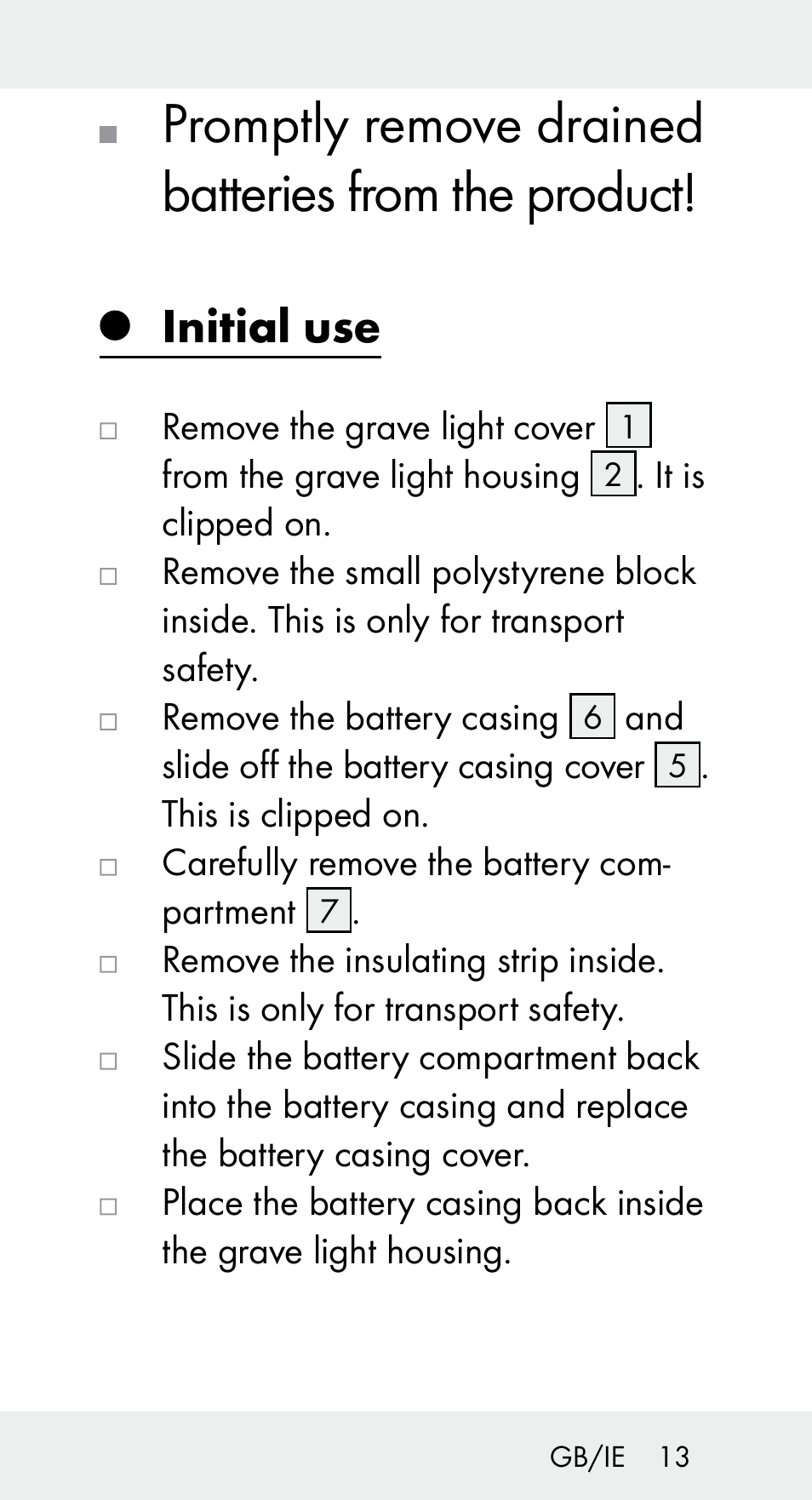 Promptly remove drained batteries from the product, Initial use | Livarno Z31656 User Manual | Page 13 / 18