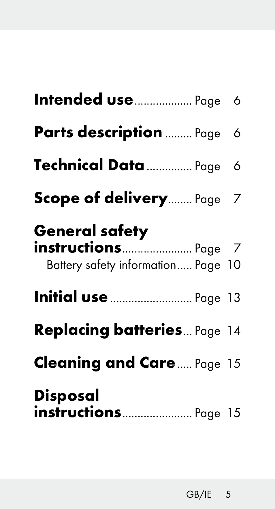 Intended use, Parts description, Technical data | Scope of delivery, General safety instructions, Initial use, Replacing batteries, Cleaning and care, Disposal instructions | Livarno Z31656 User Manual | Page 5 / 18