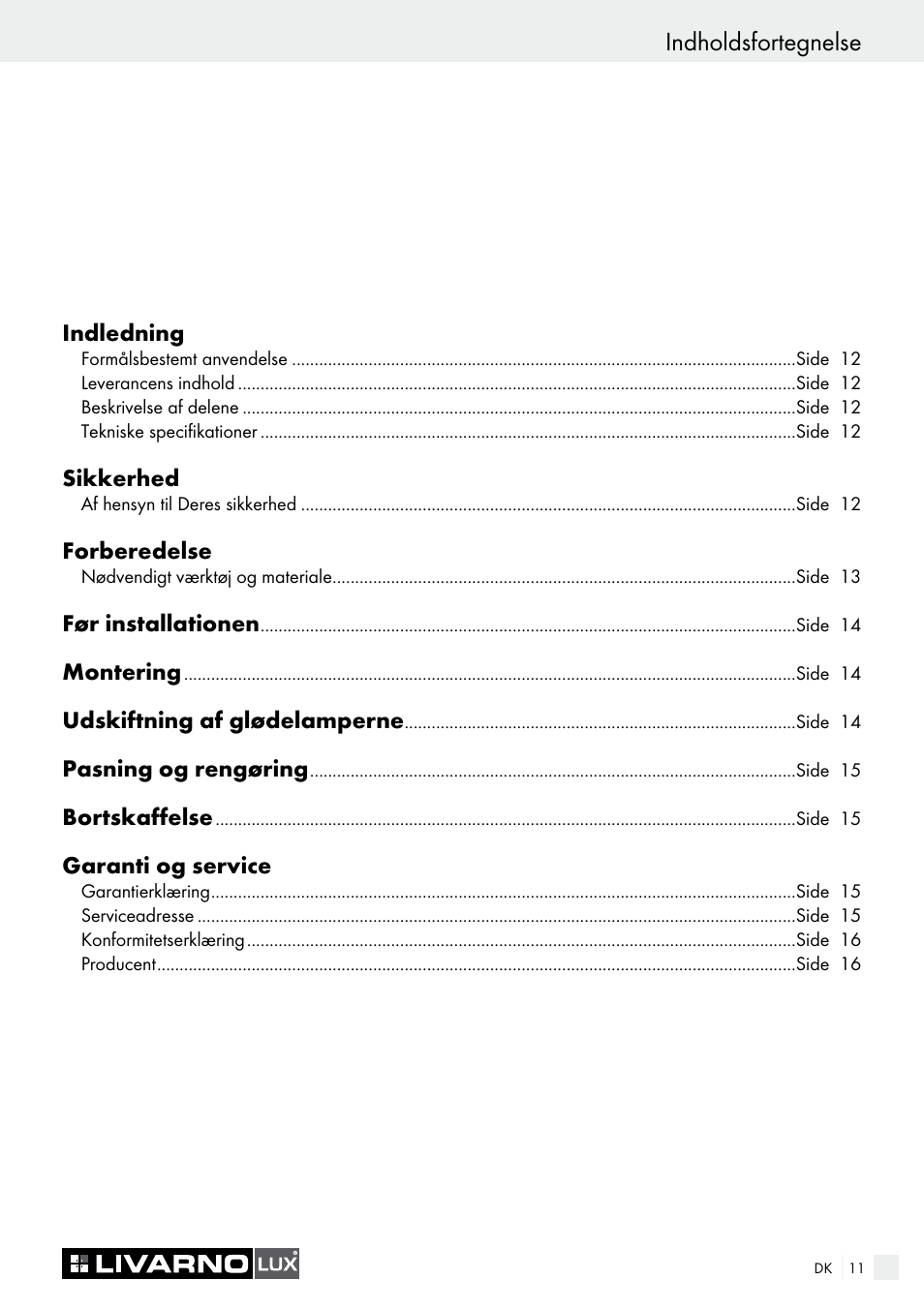 Indholdsfortegnelse | Livarno 7211 User Manual | Page 11 / 35