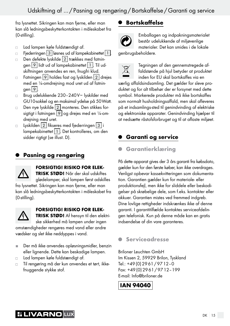 Pasning og rengøring, Bortskaffelse, Garanti og service garantierklæring | Serviceadresse | Livarno 7211 User Manual | Page 15 / 35