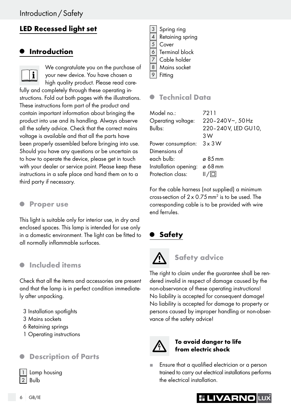 Introduction / safety, Led recessed light set, Introduction | Proper use, Included items, Description of parts, Technical data, Safety safety advice | Livarno 7211 User Manual | Page 6 / 35