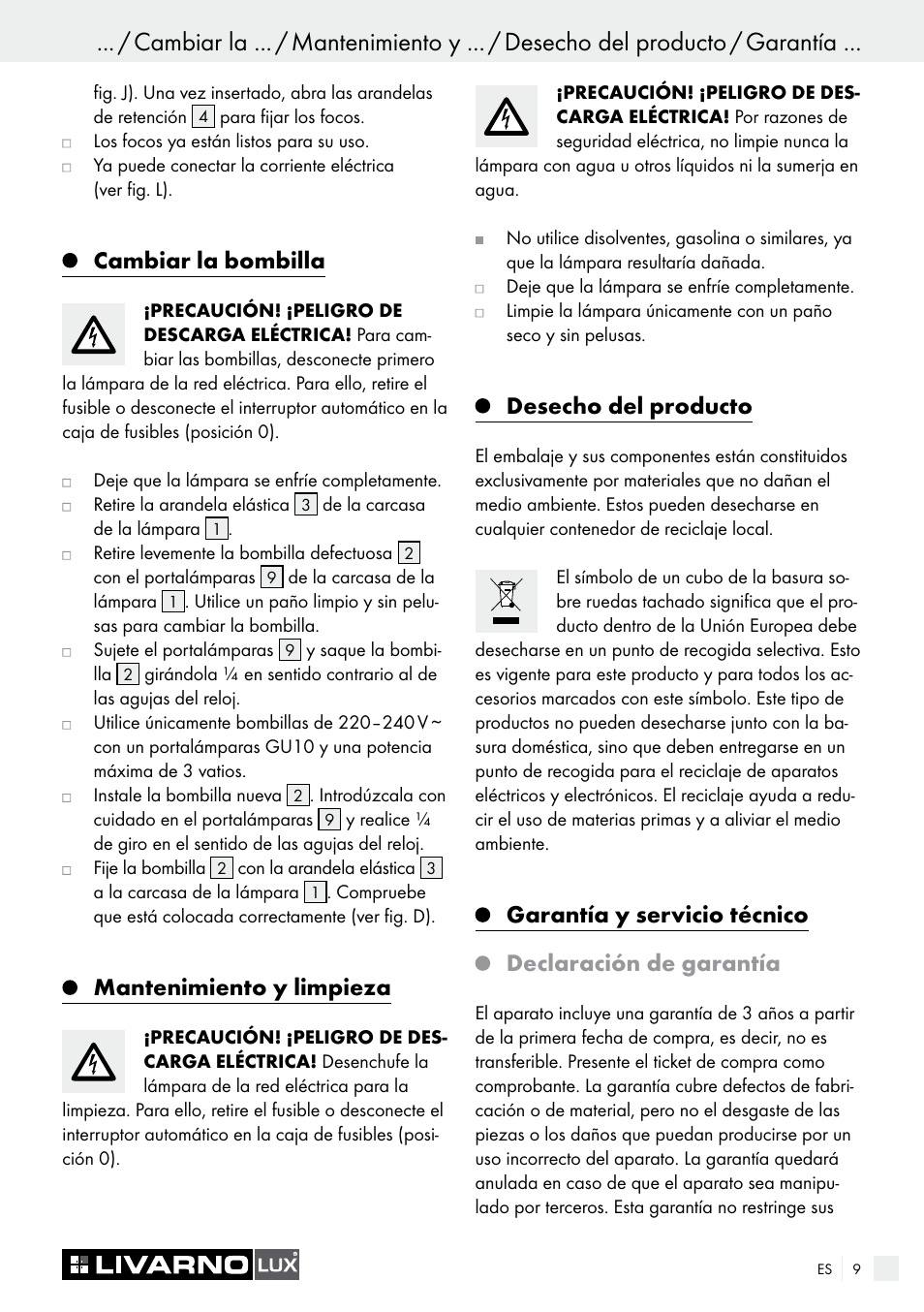 Cambiar la bombilla, Mantenimiento y limpieza, Desecho del producto | Livarno 7211 User Manual | Page 9 / 35