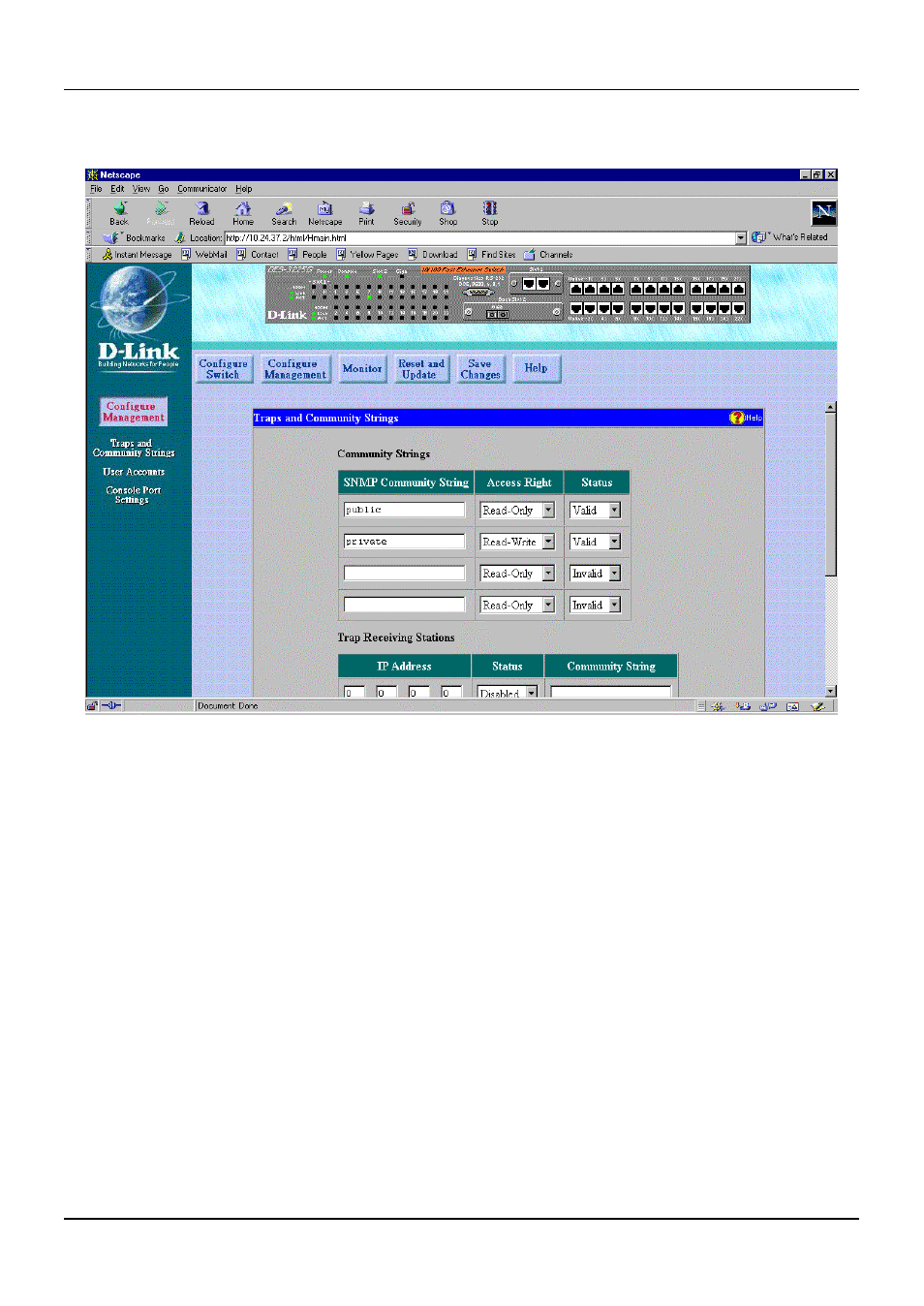 Traps and community strings | D-Link DES-3225G User Manual | Page 134 / 175
