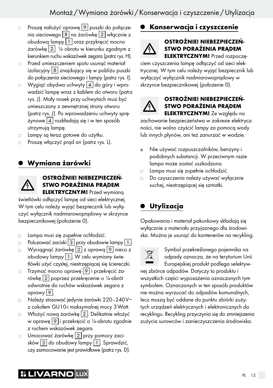 Wymiana żarówki, Konserwacja i czyszczenie, Utylizacja | Livarno 7211 User Manual | Page 15 / 43