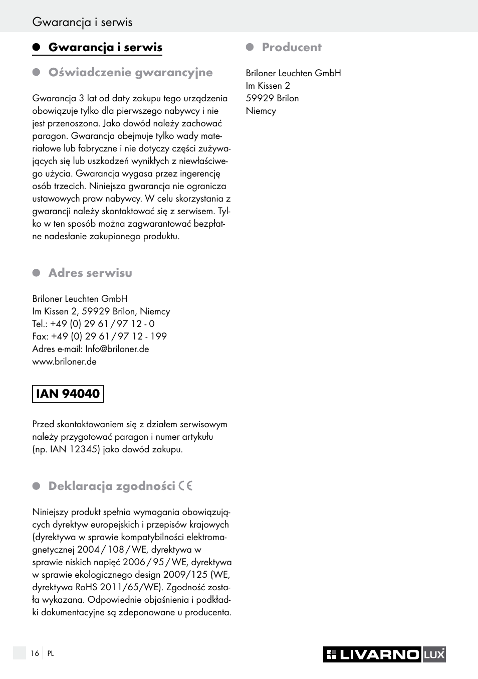 Gwarancja i serwis | Livarno 7211 User Manual | Page 16 / 43